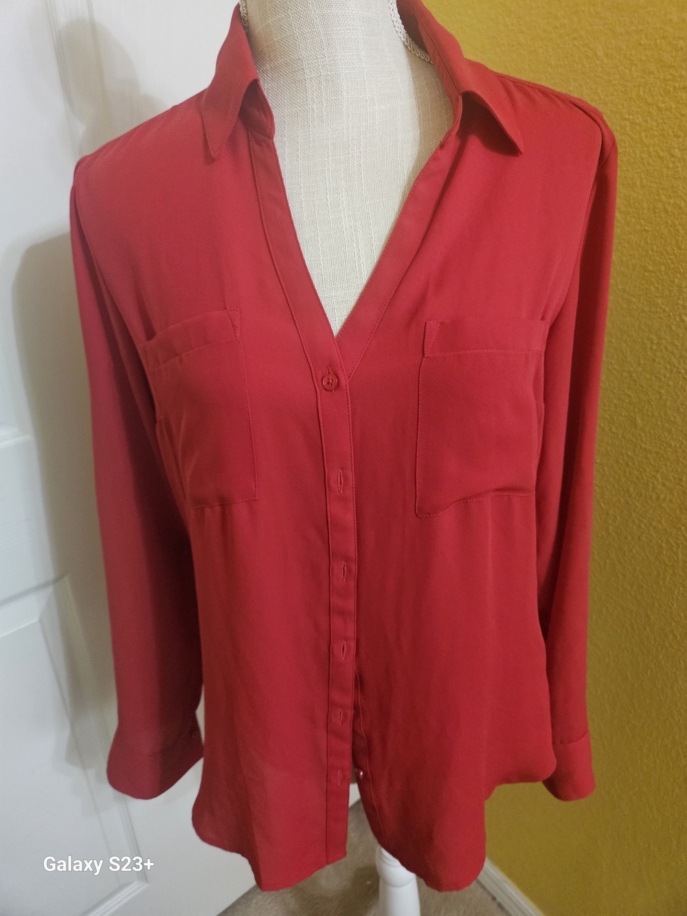 Express The Portofino Shirt Red Collared Button-Up Roll Tab Sleeve Women M